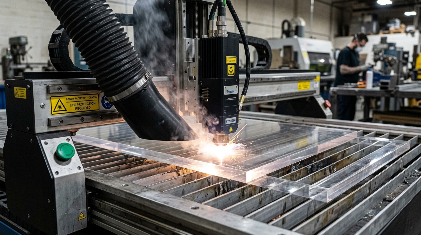 Precyzyjna głowica lasera CO2 podczas cięcia akrylu w warsztacie CNC